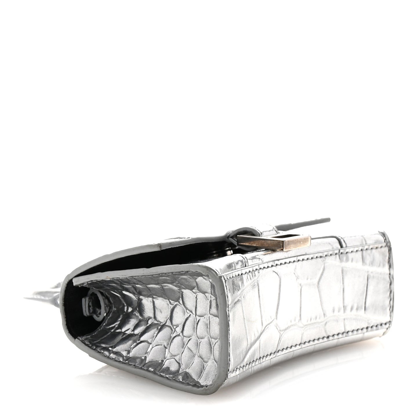 Metallic Calfskin Crocodile Embossed Hourglass Top Handle Bag Mini Silver