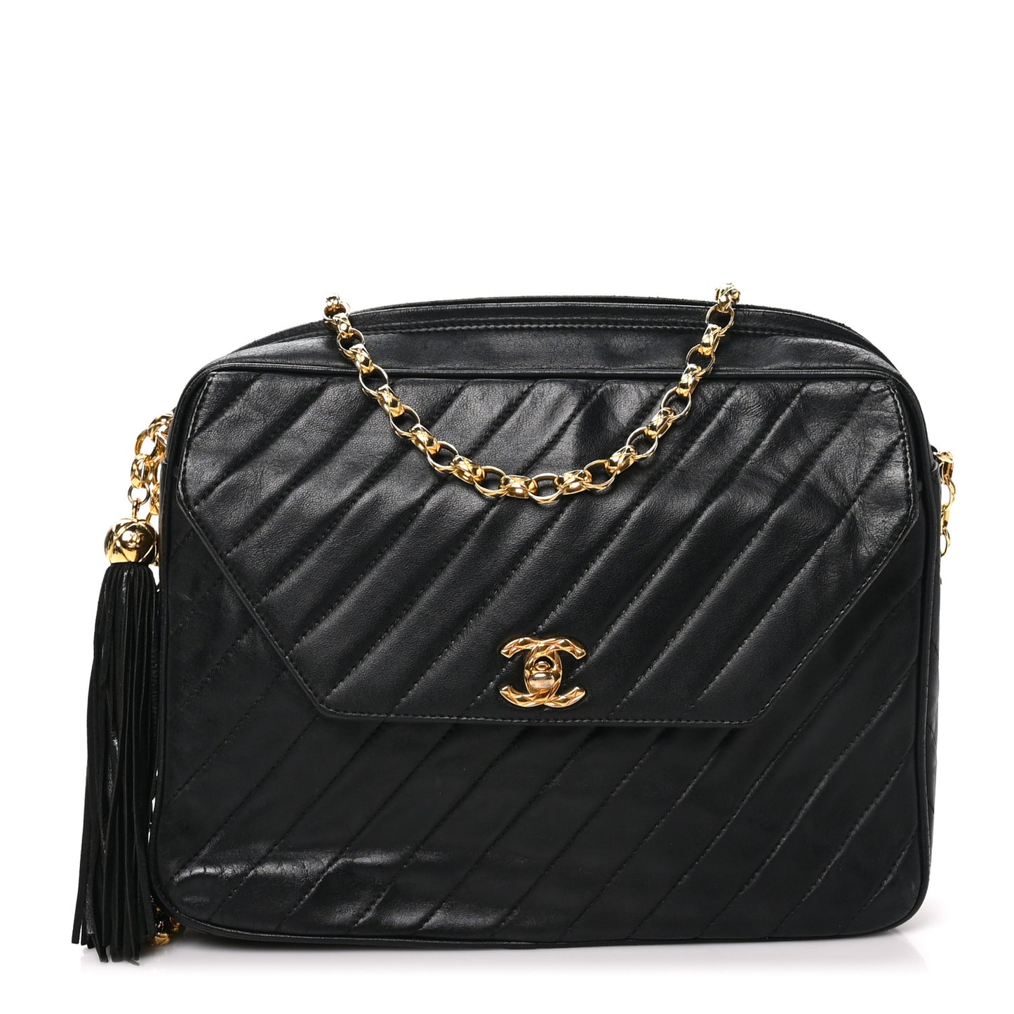Lambskin Diagonal Quilted Tassel Camera Bag Black