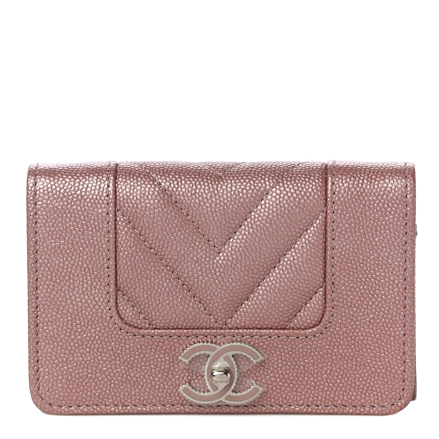 Chanel Metallic Caviar Chevron Quilted Vintage Mademoiselle Flap Card Holder Pink 1 of 12