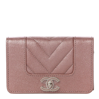Chanel Metallic Caviar Chevron Quilted Vintage Mademoiselle Flap Card Holder Pink 1 of 12