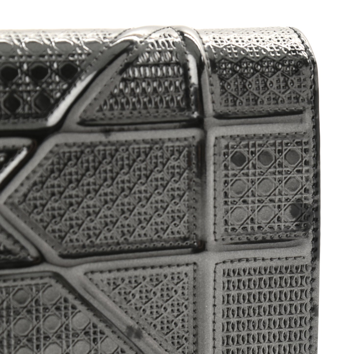 Metallic Patent Micro-Cannage Diorama Wallet on Chain Pouch Onyx Black