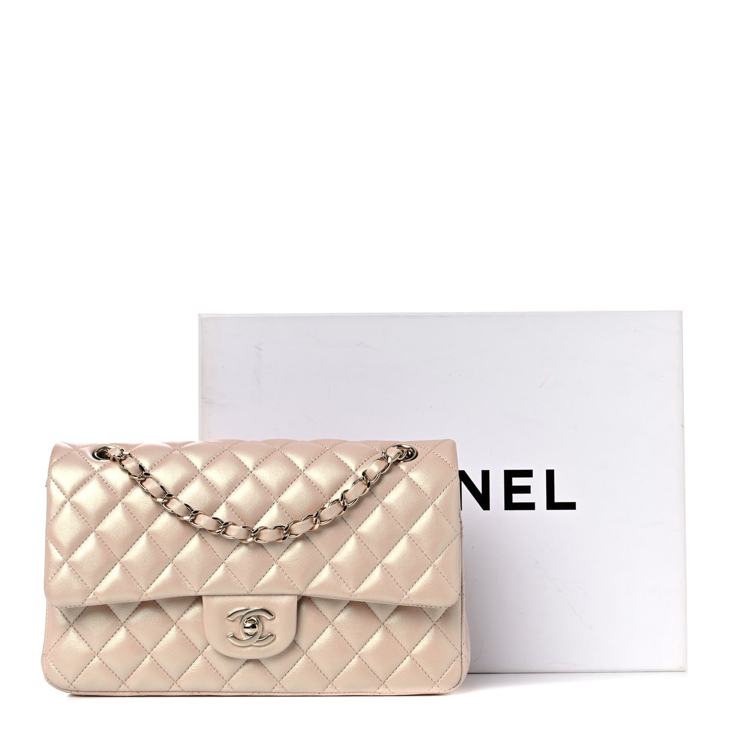 Iridescent Calfskin Quilted Medium Double Flap Beige