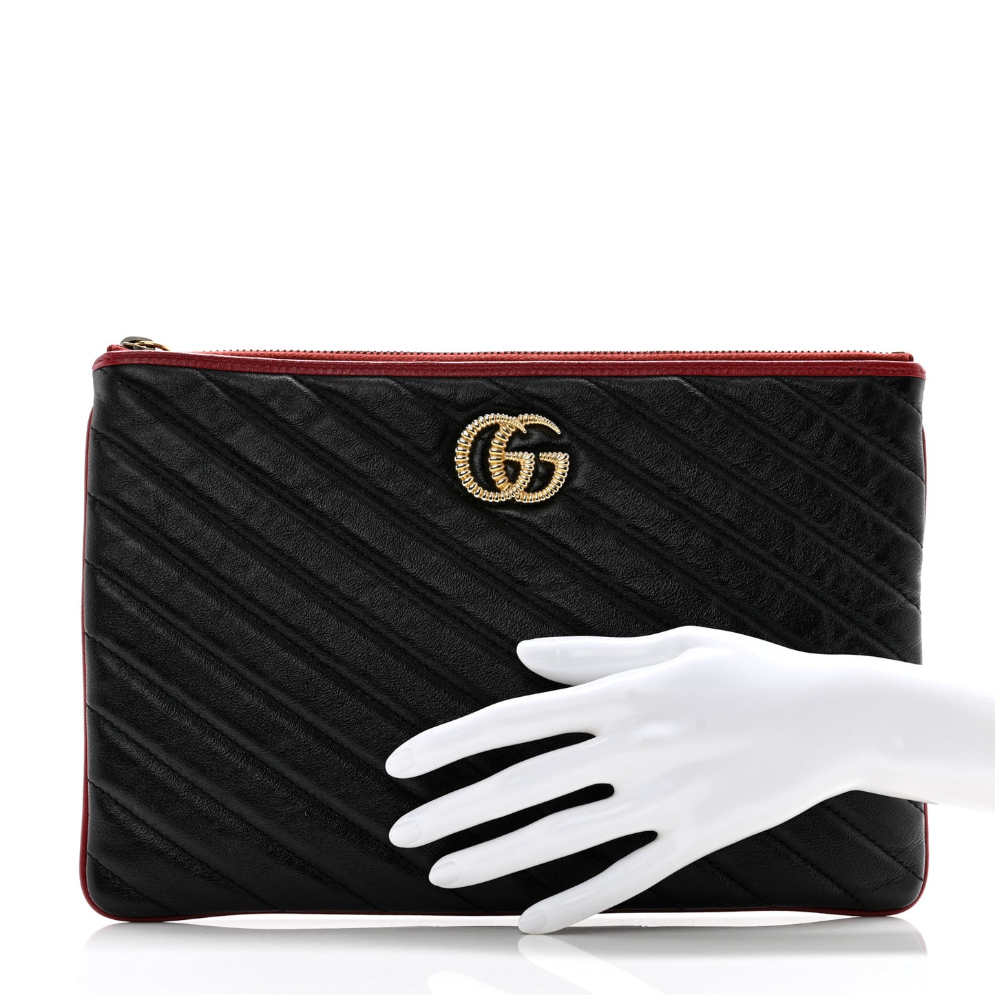 Azalea Calfskin Matelasse Diagonal Torchon GG Marmont Zip Pouch Black Romantic Cerise