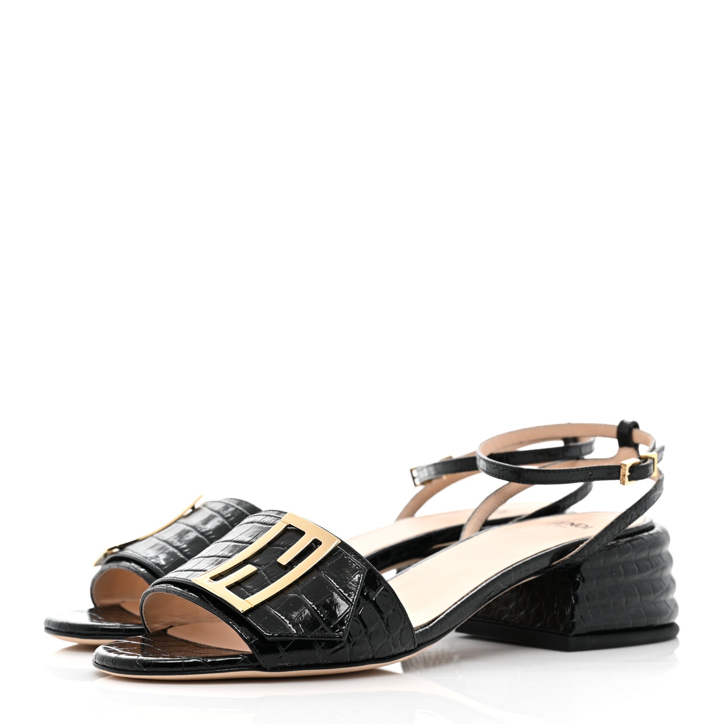 Vitello Crocodile Embossed Promenade Ankle Strap Sandals 38 Black
