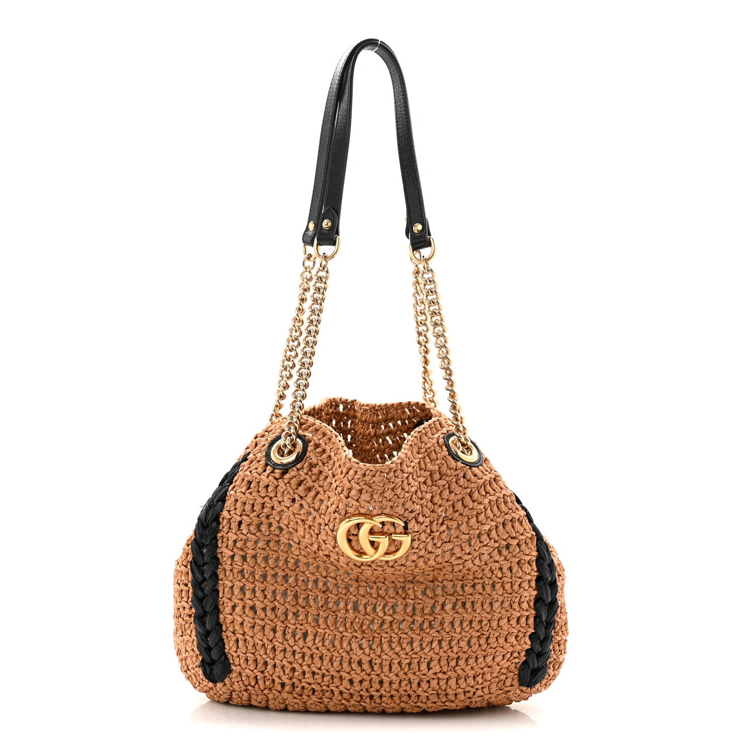 Gucci Raffia Effect Medium GG Marmont Shoulder Tote Bag Natural Black 1 of 10