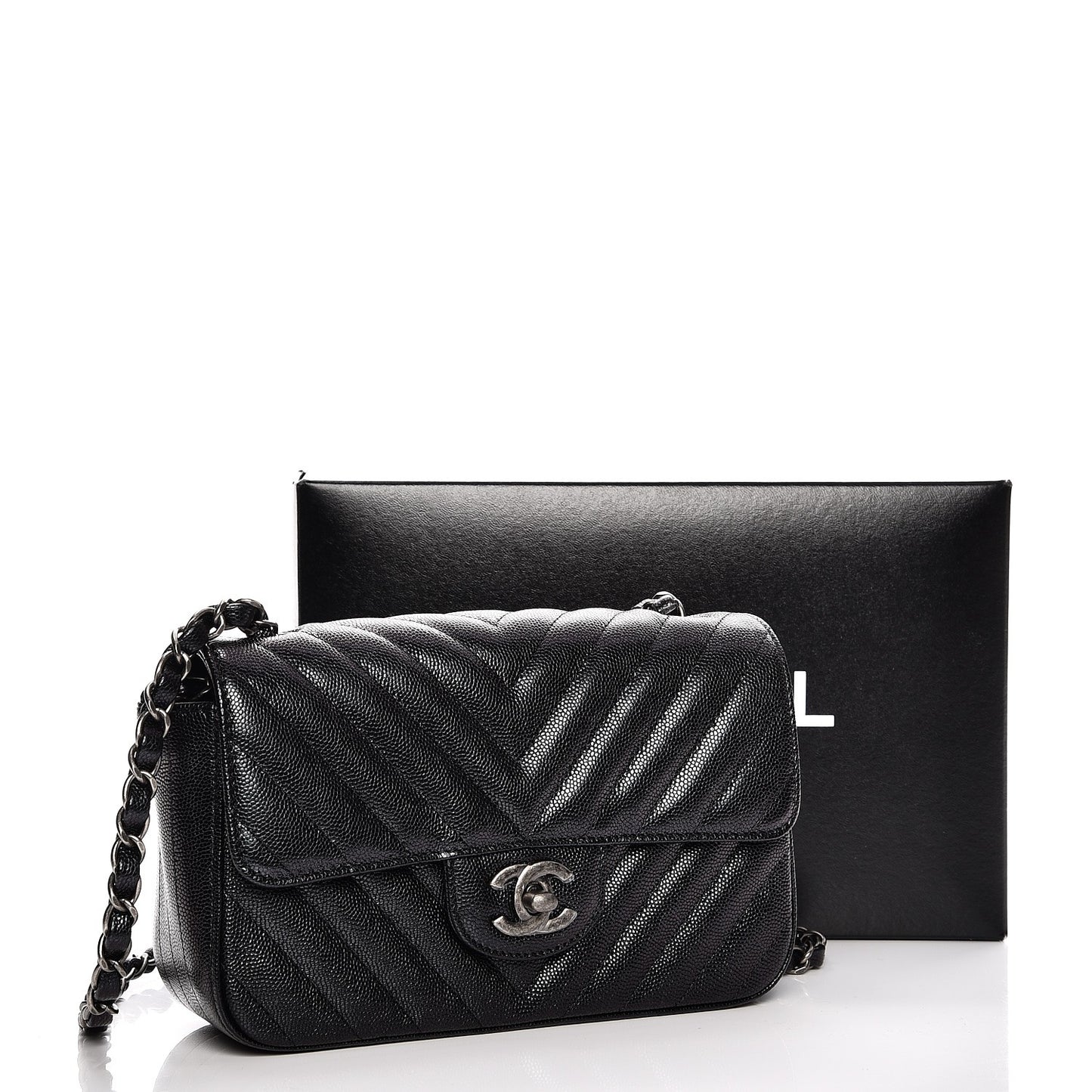 Iridescent Caviar Chevron Quilted Mini Rectangular Flap Black