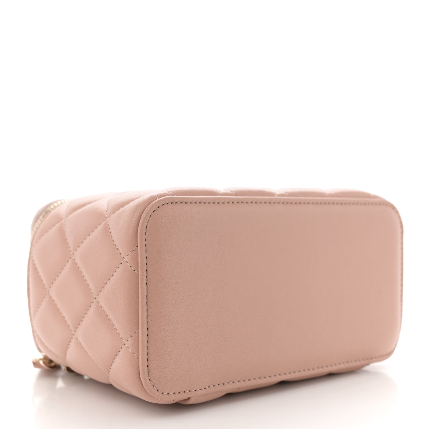 Lambskin Quilted Small Top Handle Vanity Case With Chain Beige