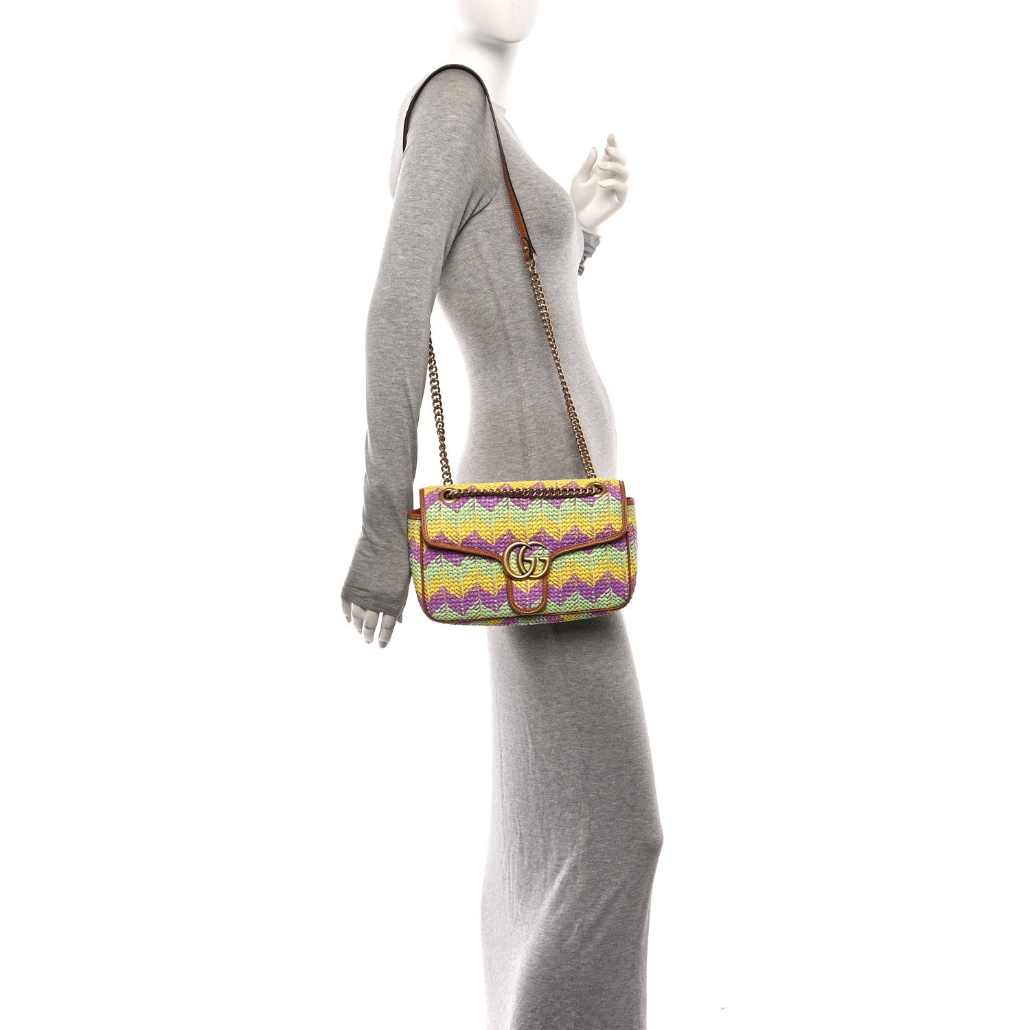 Gucci Calfskin Raffia Woven Small GG Marmont Shoulder Bag Multicolor 2 of 10