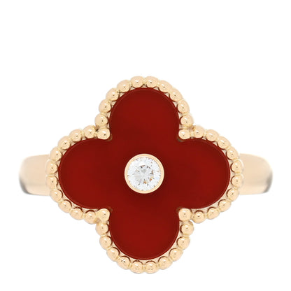 Van Cleef & Arpels 18K Yellow Gold Carnelian Diamond Vintage Alhambra Ring 49 5 1 of 5