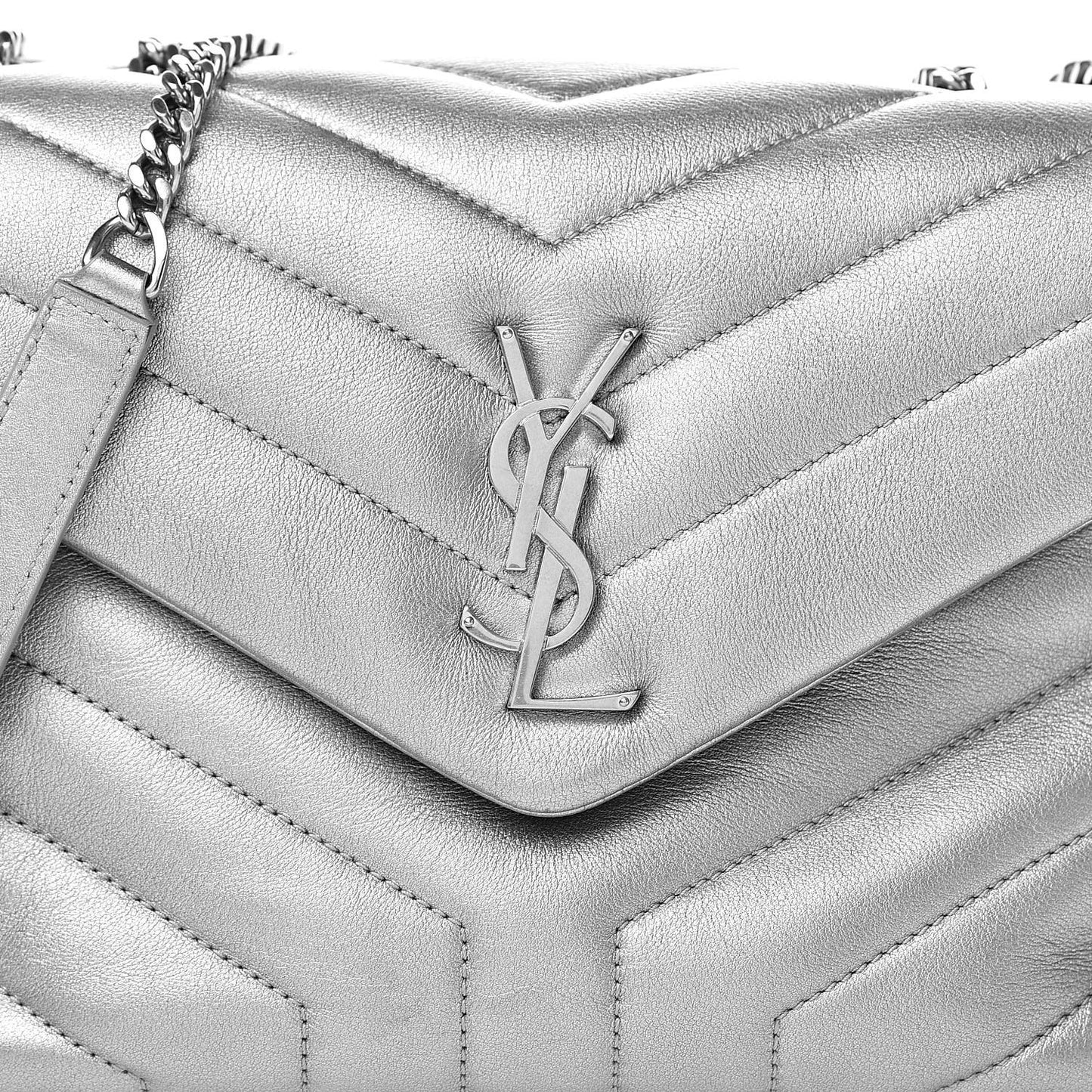 Metallic Calfskin Y Quilted Monogram Small Loulou Chain Satchel Silver
