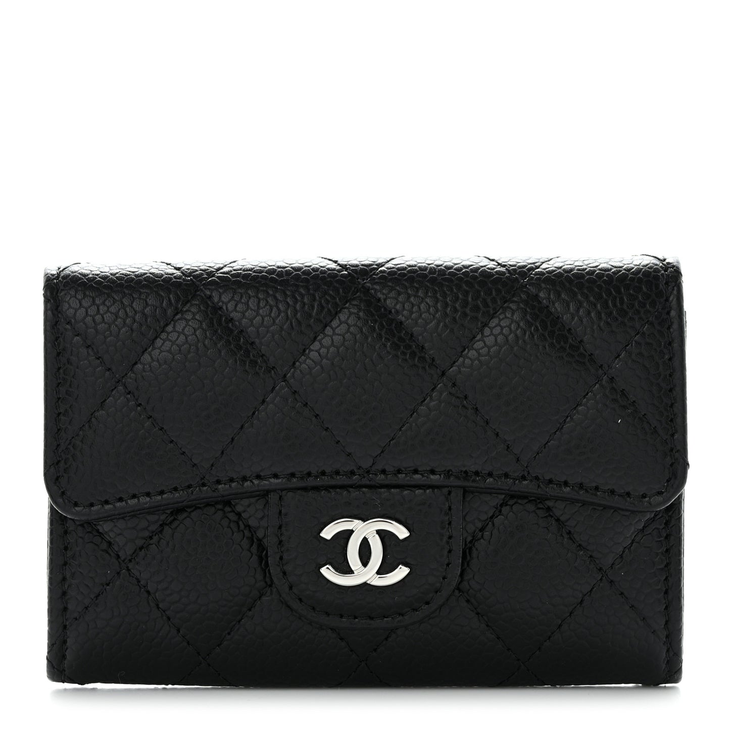 Caviar Quilted Flap Card Holder Wallet Black
