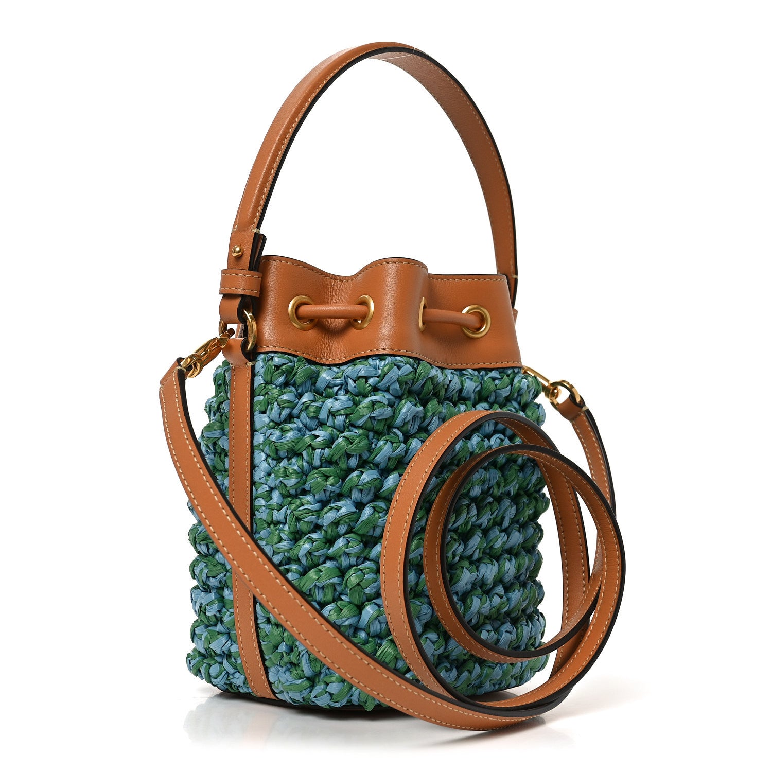 Valentino Garavani Raffia Crochet Nappa Mini Vlogo Bucket Bag Brown Blue 2 of 8