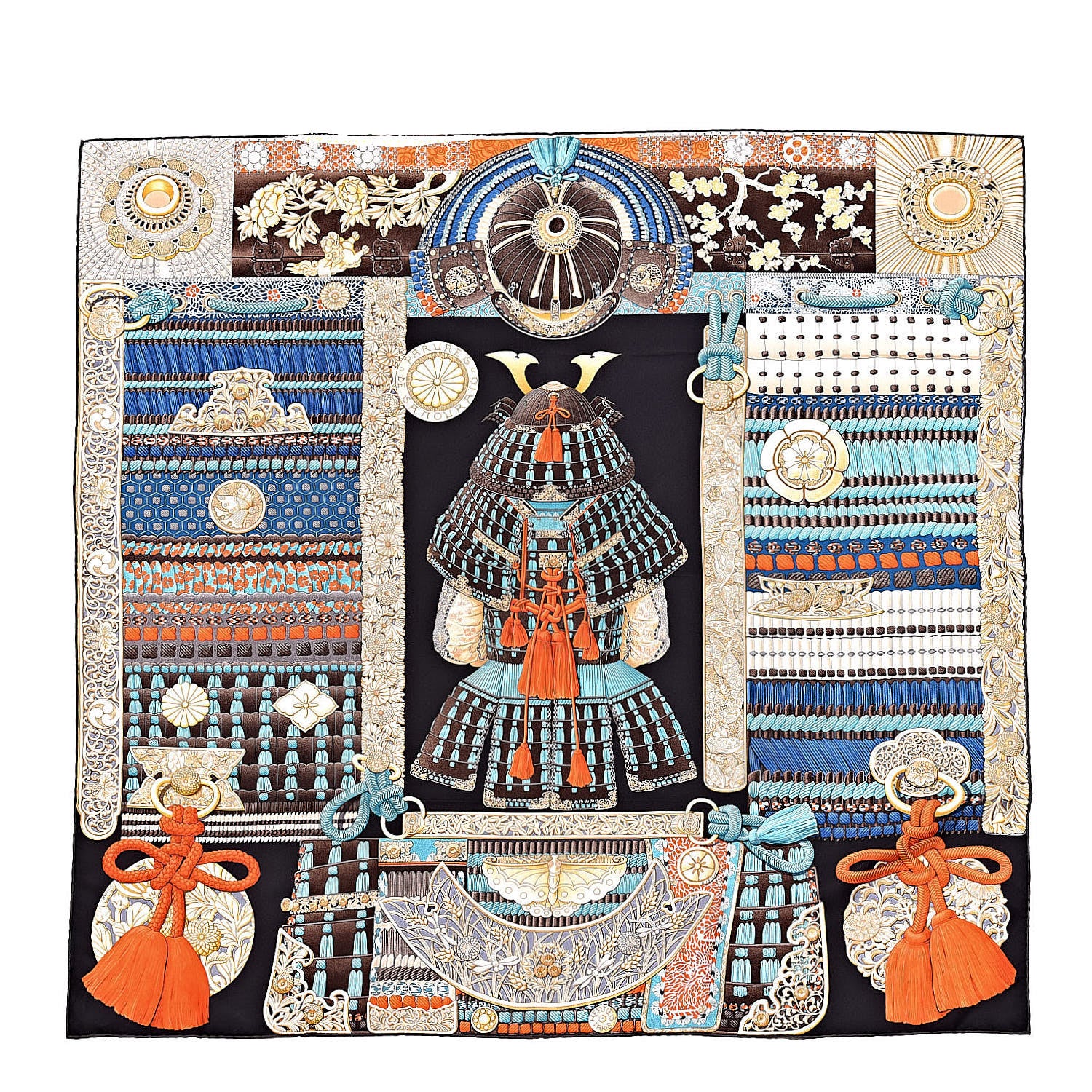 Hermes Silk Parures de Samouraïs Scarf 90 Ebene Bleu Orange 1 of 4