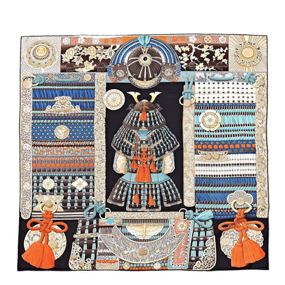 Hermes Silk Parures de Samouraïs Scarf 90 Ebene Bleu Orange 1 of 4