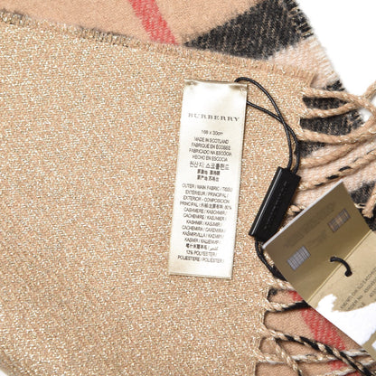 Burberry Metallic Cashmere Reversible Check Fringe Scarf Camel Gold 6 of 6