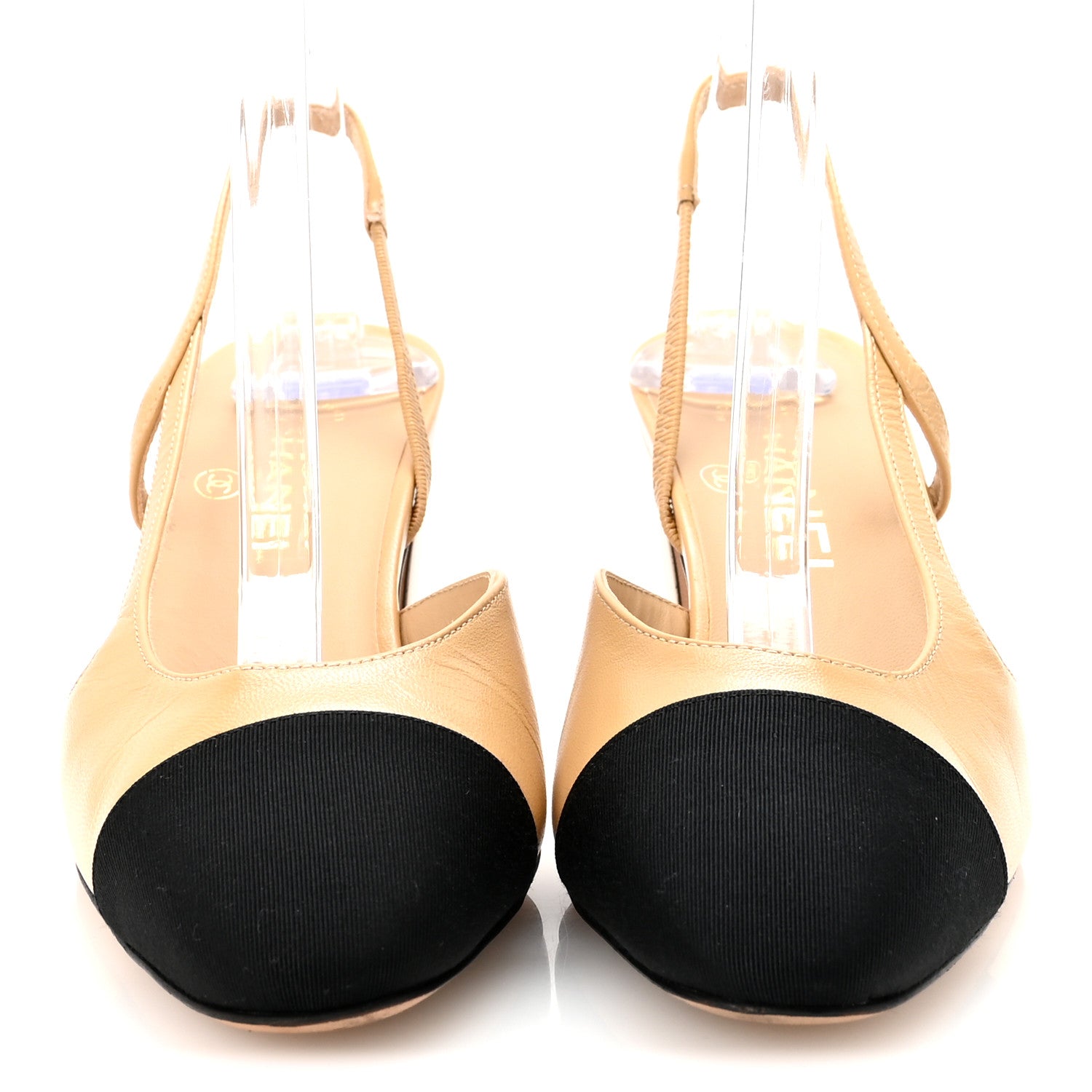Chanel Goatskin Grosgrain Cap Toe CC Slingback Pumps 37.5 Beige Black 3 of 9
