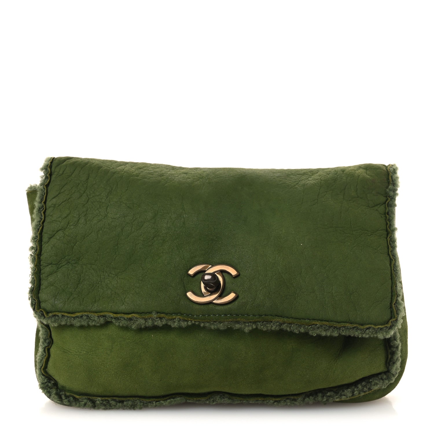 Chanel Suede Shearling Flap Clutch Green 1 of 10