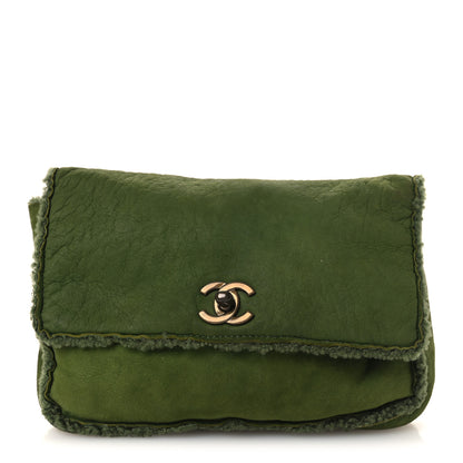 Chanel Suede Shearling Flap Clutch Green 1 of 10