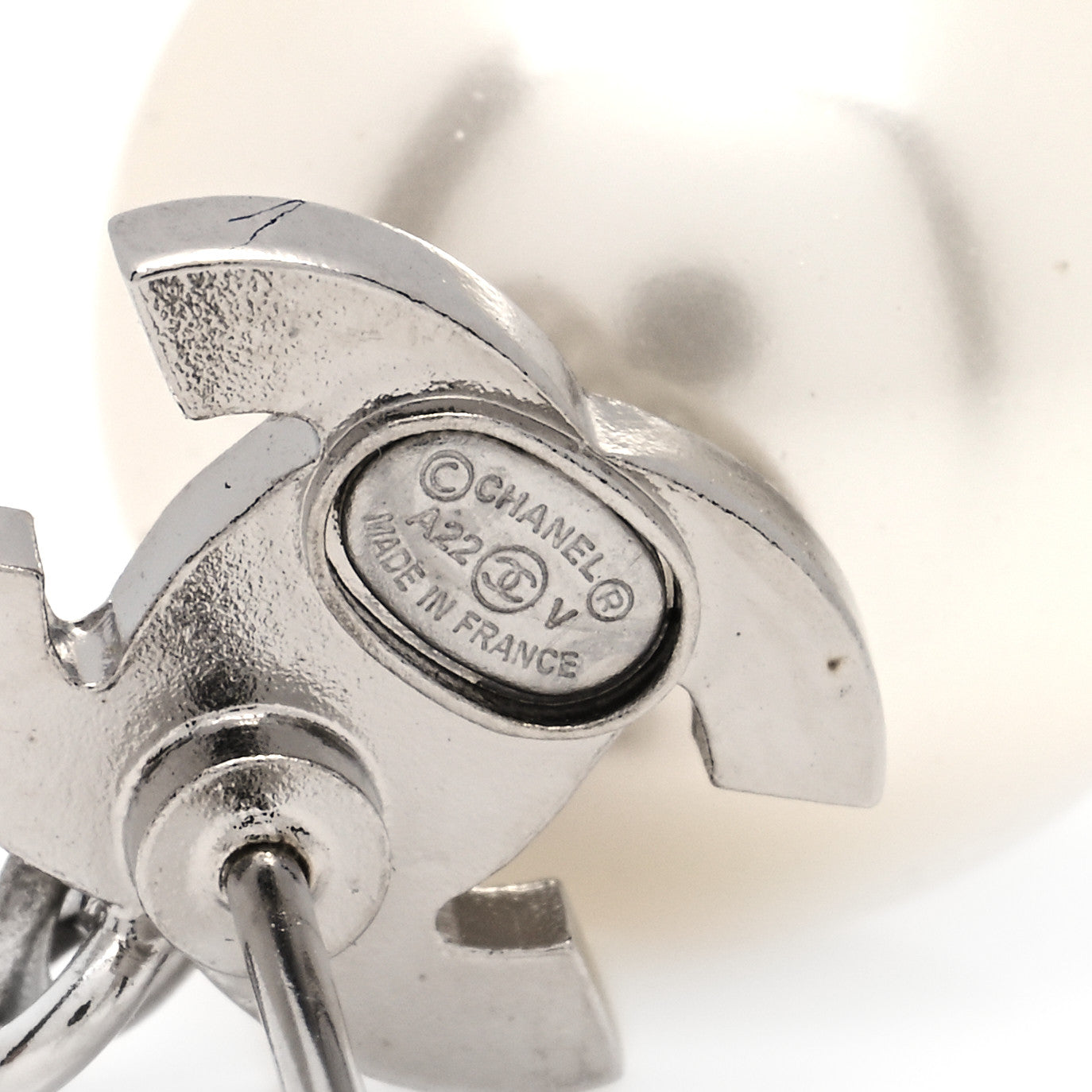 Chanel Crystal Pearl CC Drop Earrings Silver Pearly White 4 of 4