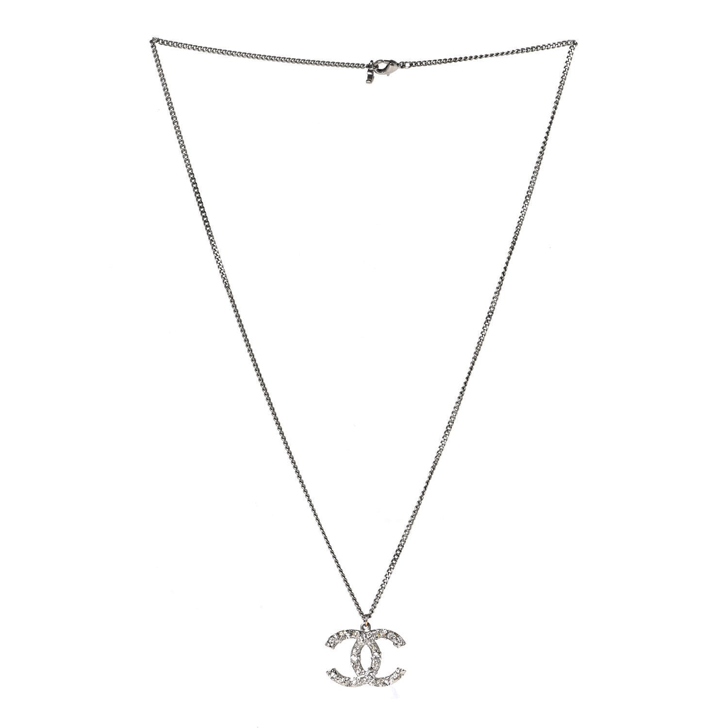 Chanel Crystal CC Pendant Necklace Silver 3 of 8