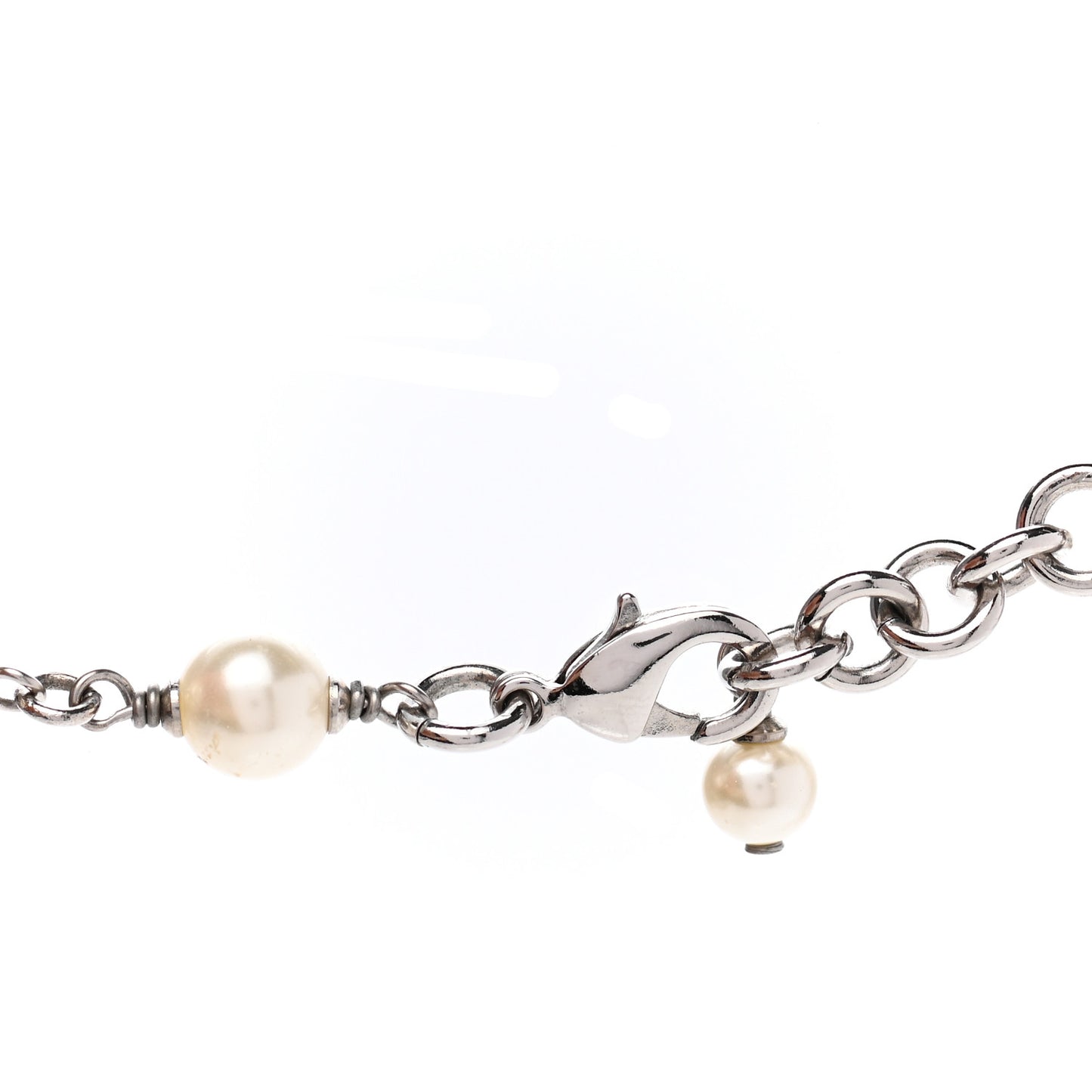 Graduated Pearl Crystal CC Long Necklace Silver