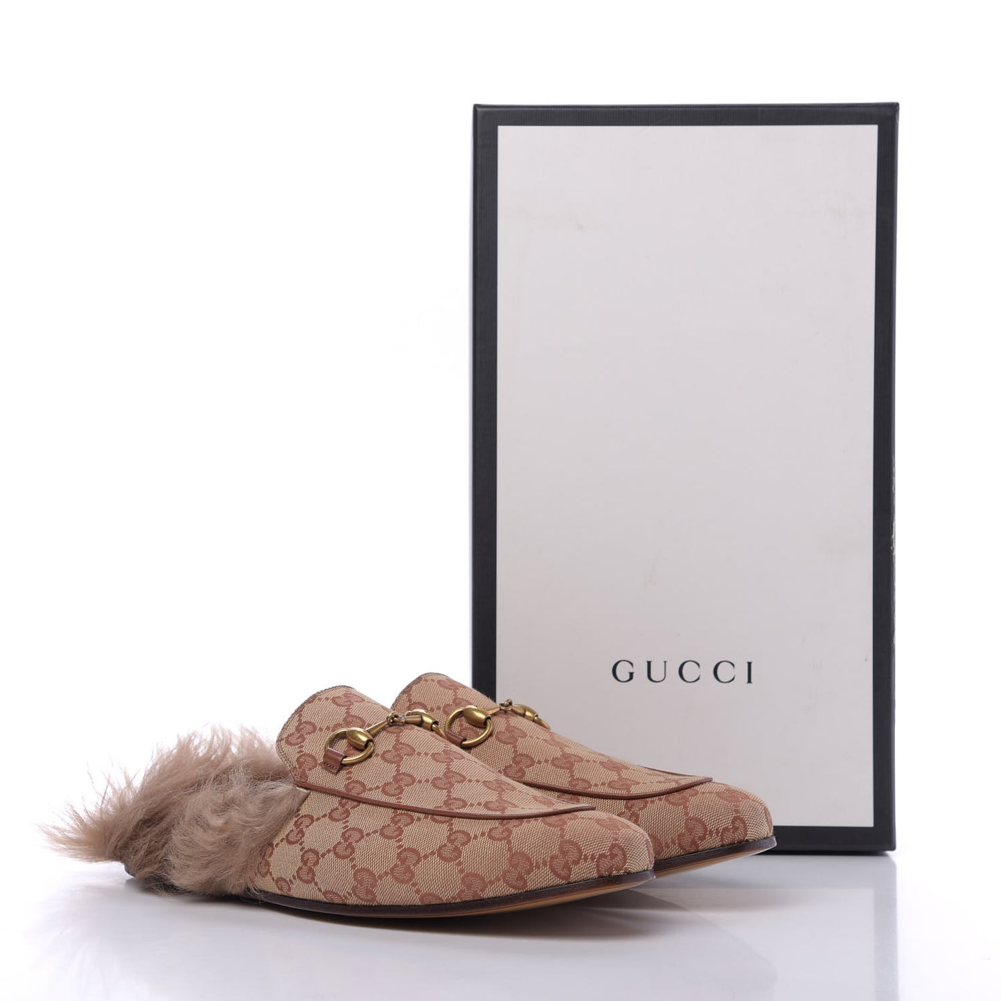 GG Monogram Fur Mens Princetown Slippers 9.5 Beige Ruggine Rust