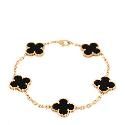 18K Yellow Gold Black Onyx 5 Motifs Vintage Alhambra Bracelet