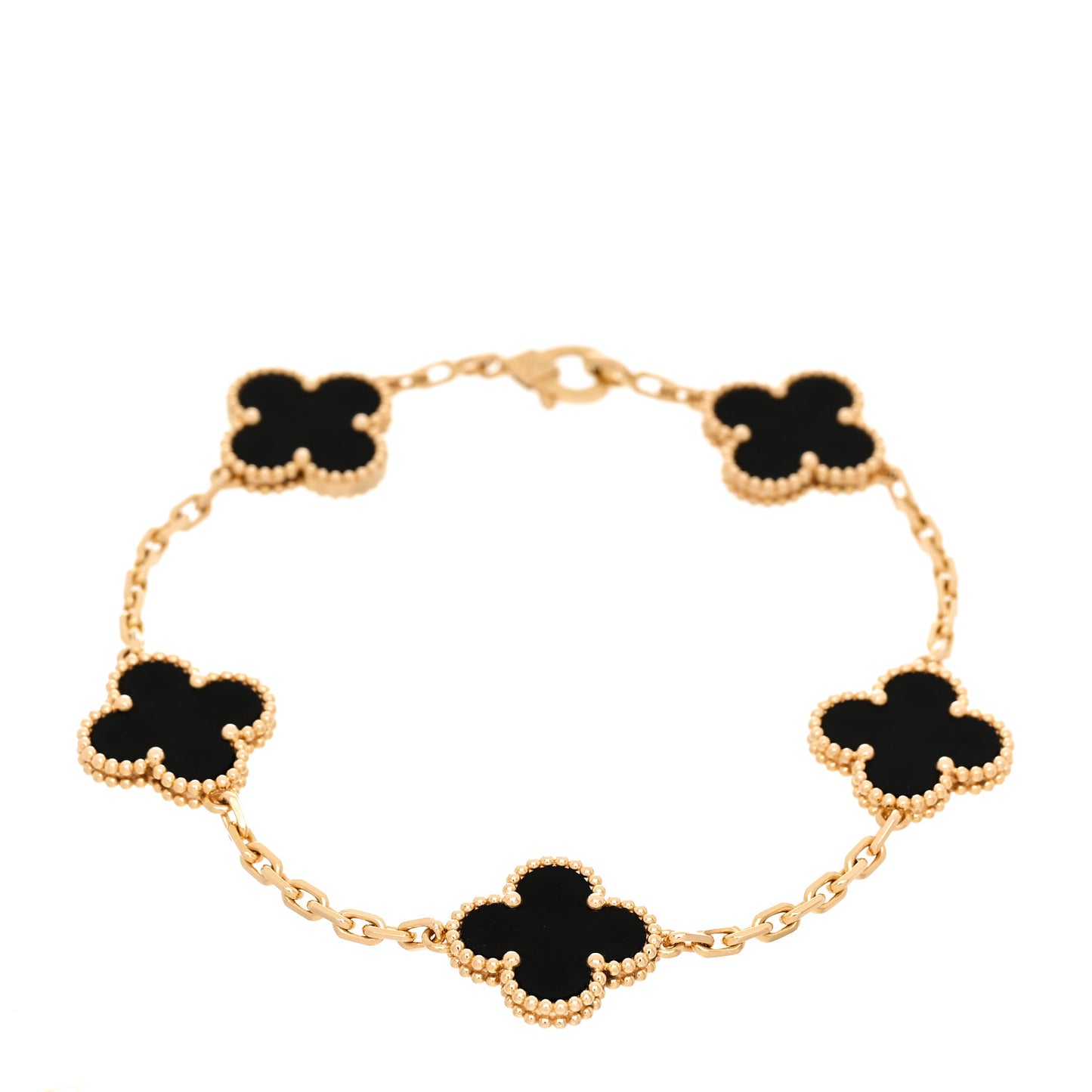 18K Yellow Gold Black Onyx 5 Motifs Vintage Alhambra Bracelet