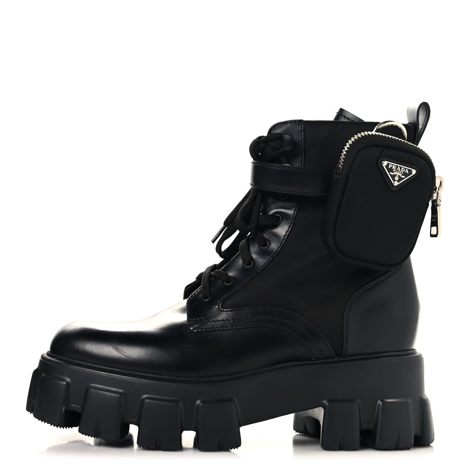 Prada Spazzolato Rois Nylon Metal Triangle Logo Monolith Pouch Pocket 55mm Boots 38.5 Black 1 of 10