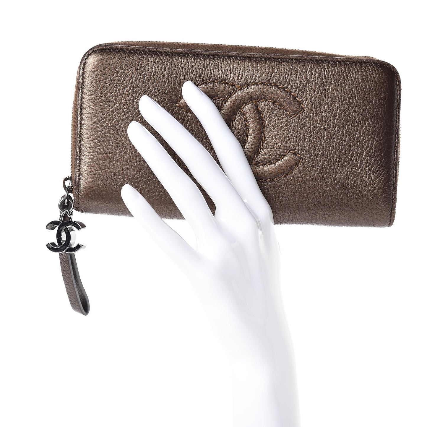 Metallic Calfskin Large Timeless Zip Around Wallet Brown
