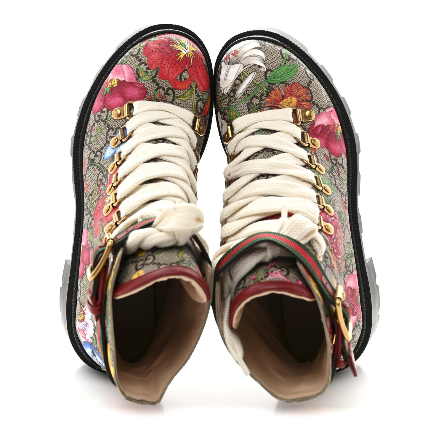 GG Supreme Monogram Flora Lace Up Combat Ankle Boots 37.5 Beige Multicolor Red