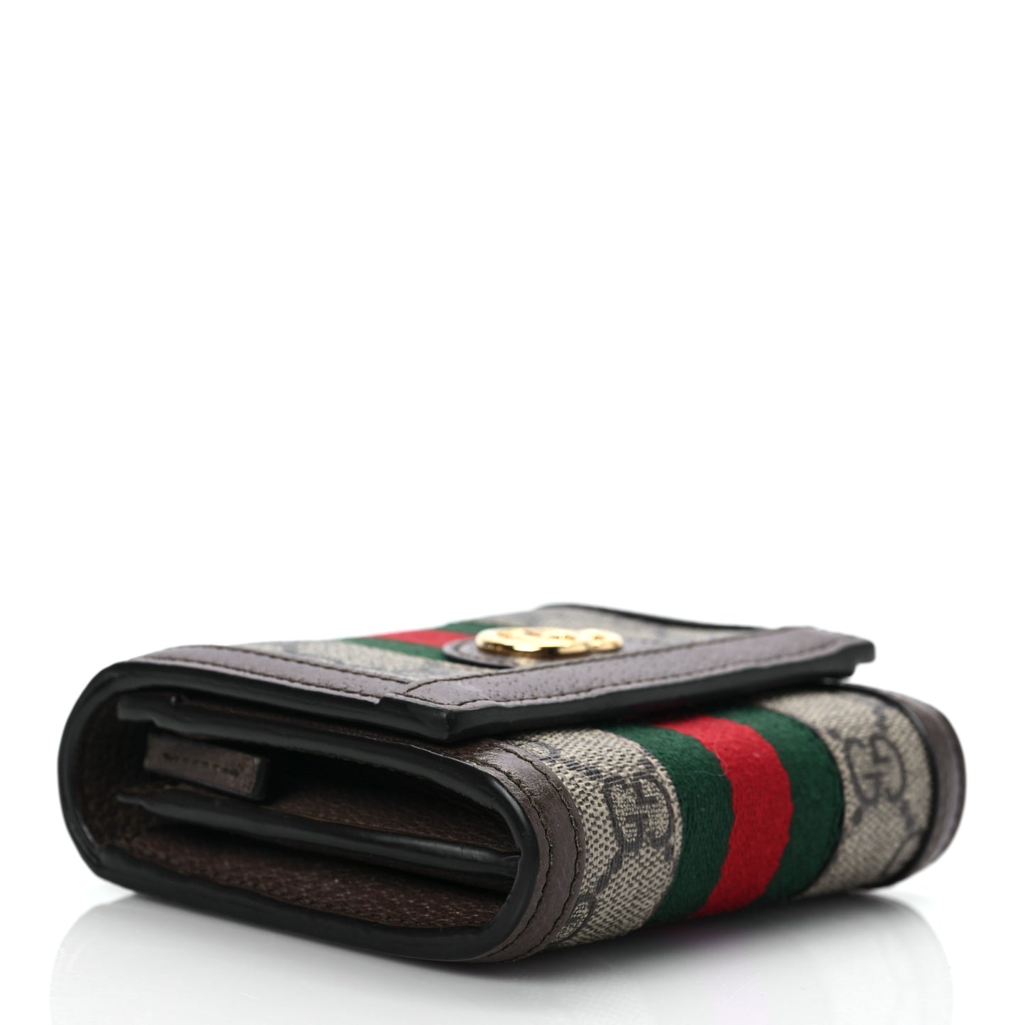 GG Supreme Monogram Textured Calfskin Web Ophidia Card Case Wallet Beige Ebony New Acero