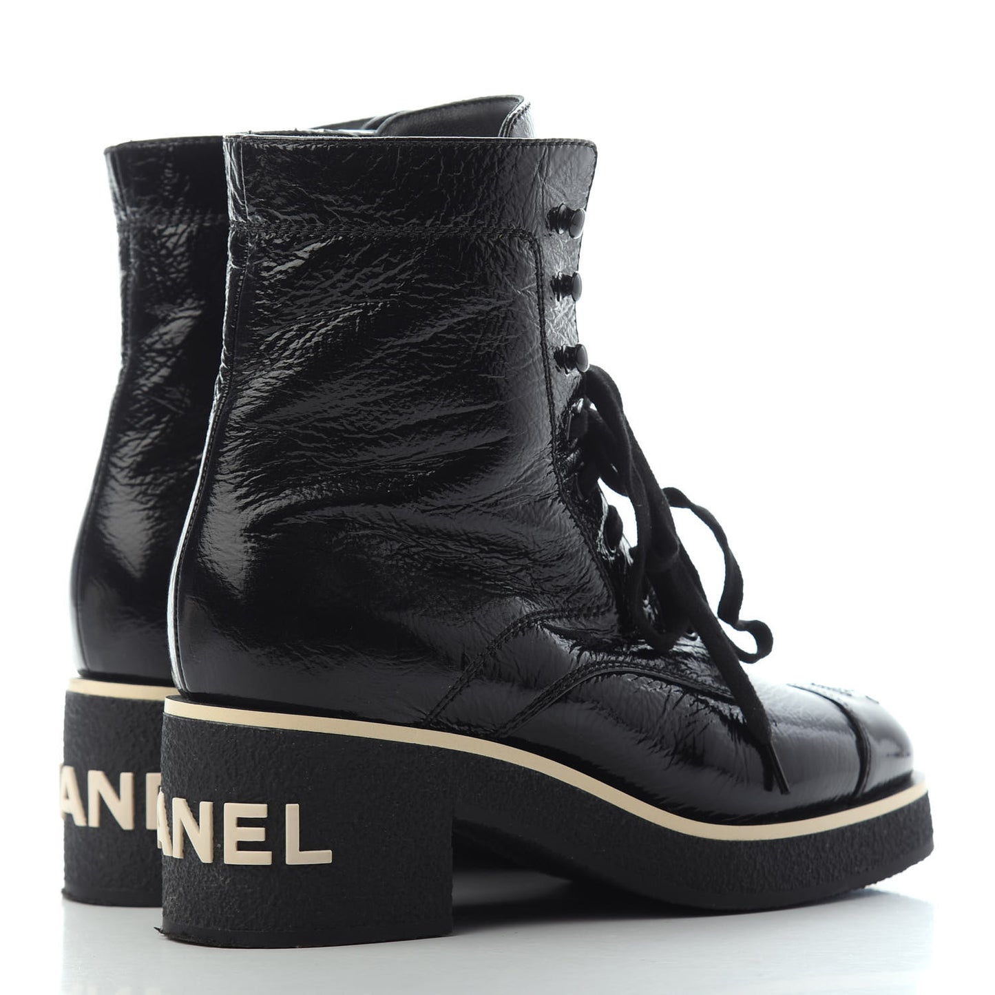 Shiny Crumpled Lambskin Lace Up Combat Boots 38 Black