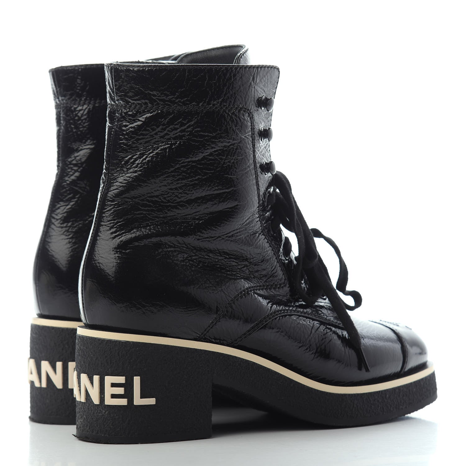 Chanel Shiny Crumpled Lambskin Lace Up Combat Boots 38 Black 3 of 4