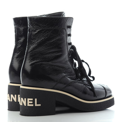 Chanel Shiny Crumpled Lambskin Lace Up Combat Boots 38 Black 3 of 4