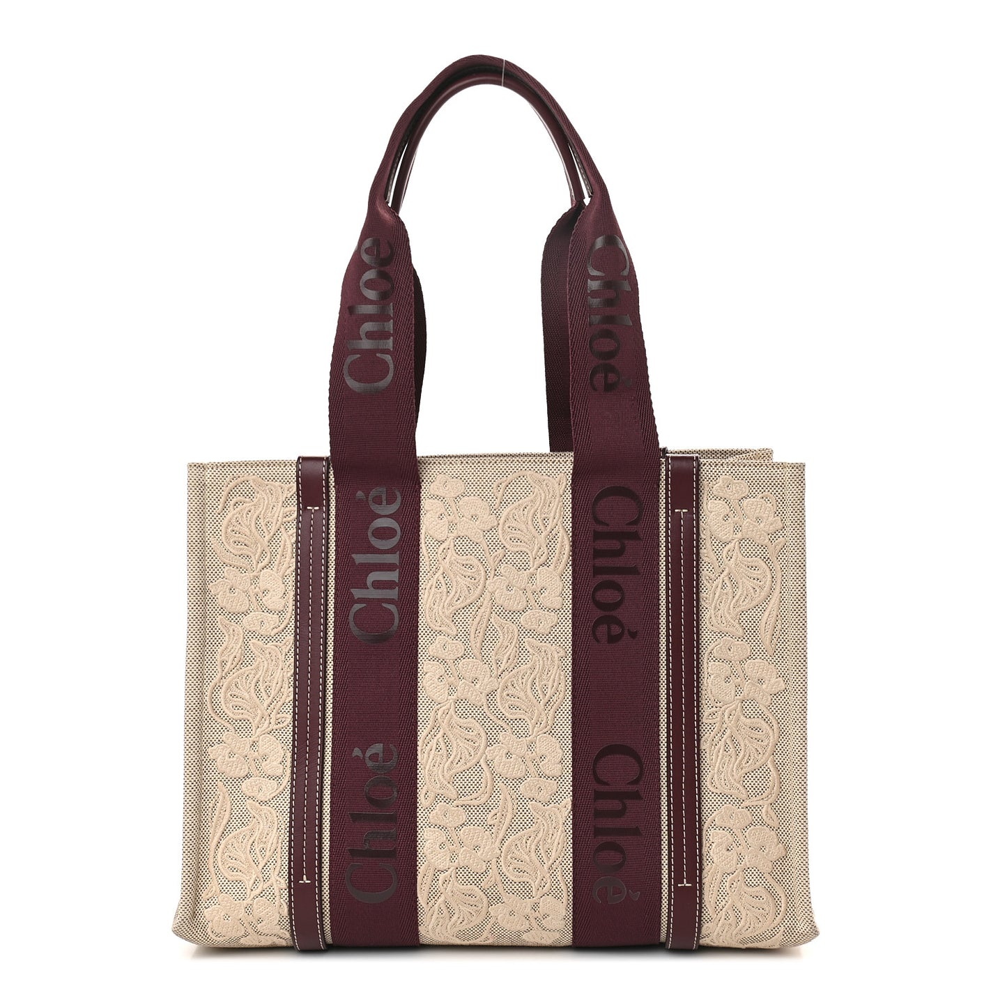 Cotton Calfskin Embroidered Medium Woody Ribbon Tote Burgundy