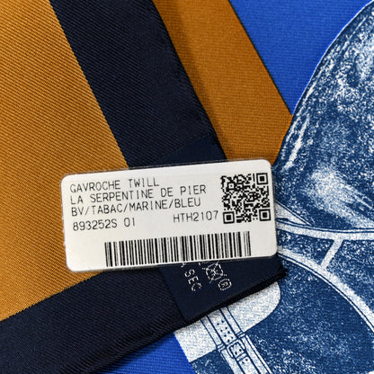Hermes Silk La Serpentine De Pierre Pocket Square Tabac Marine Bleu 3 of 5