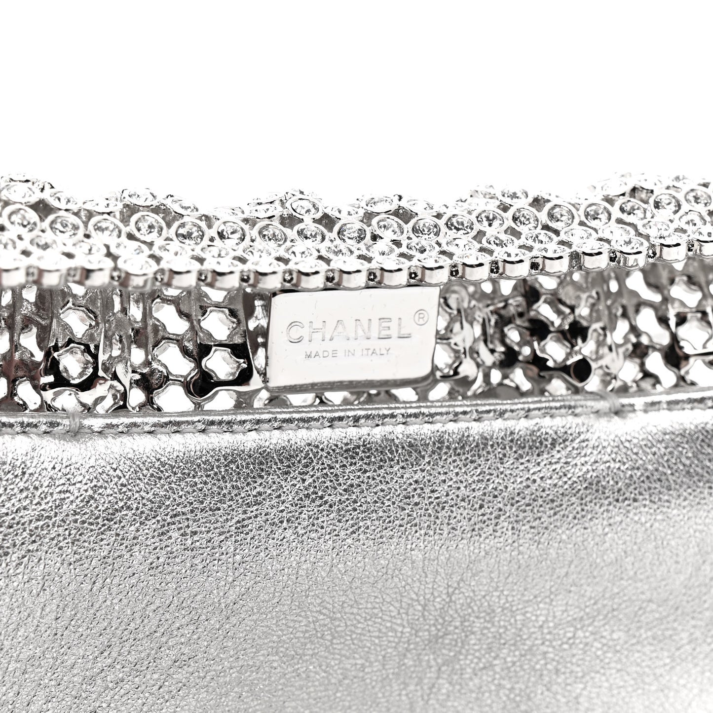 Crystal Embellished Metallic Lambskin Mini Chanel 22 Silver