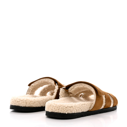 Hermes Suede Goatskin Woolskin Mens Chypre Sandals 43.5 Brun Fume Ecru 4 of 9