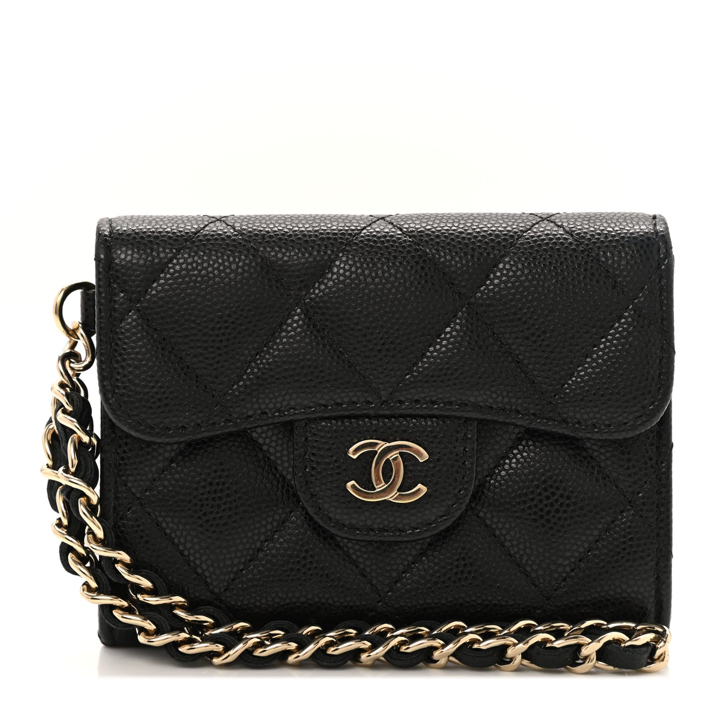 Caviar Quilted Flap Card Holder Chain Wristlet Black