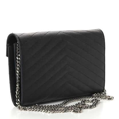 Saint Laurent Grain De Poudre Matelasse Chevron Monogram Chain Wallet Black 3 of 10