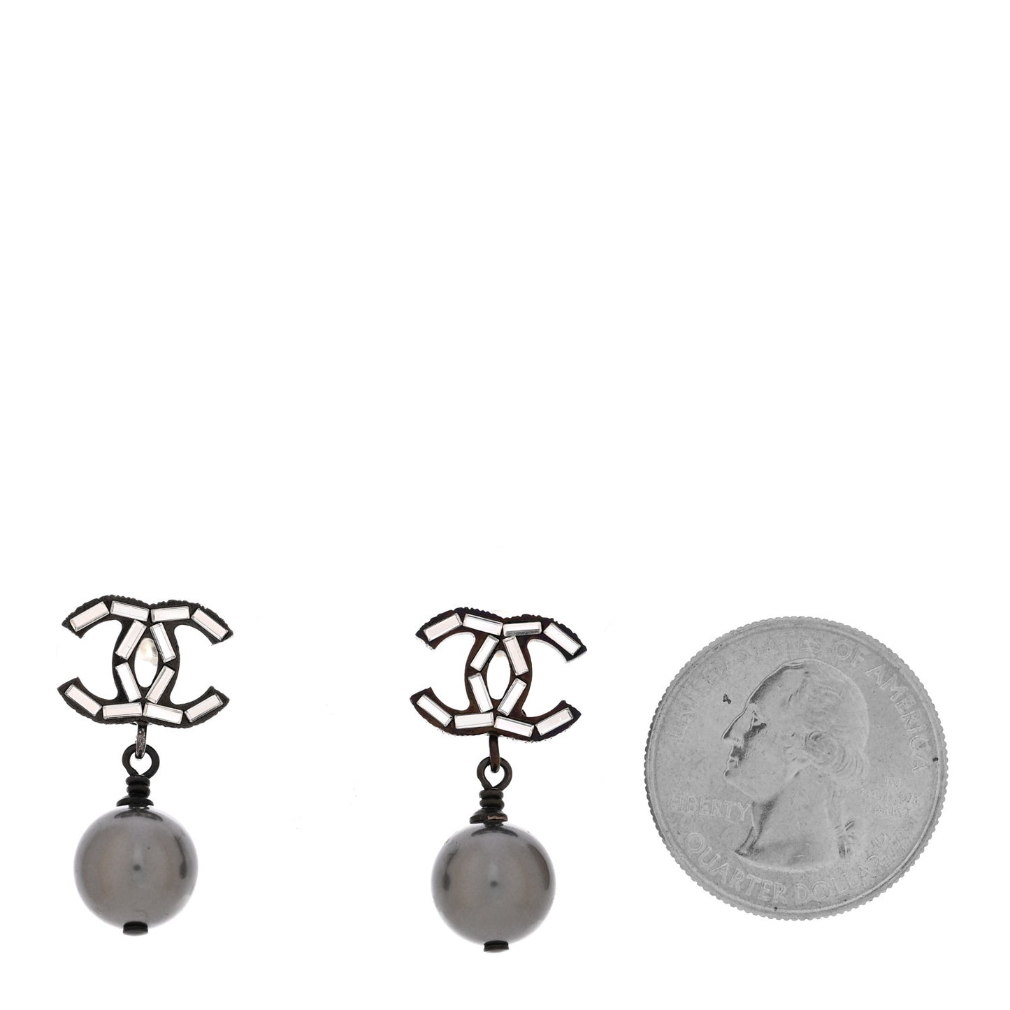 Ruthenium Pearl Crystal Baguette CC Drop Earrings Silver Grey