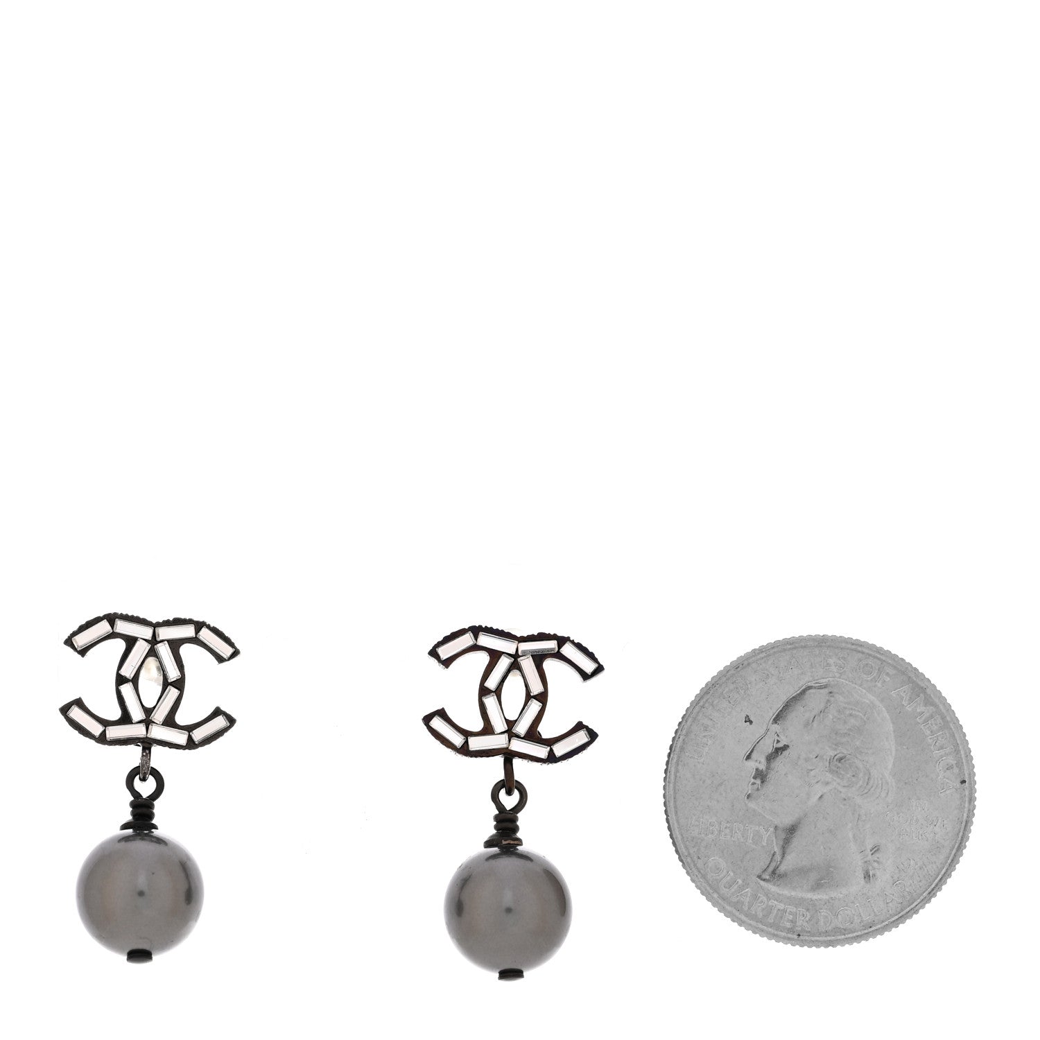 Chanel Ruthenium Pearl Crystal Baguette CC Drop Earrings Silver Grey 2 of 5