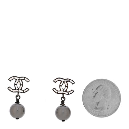 Chanel Ruthenium Pearl Crystal Baguette CC Drop Earrings Silver Grey 2 of 5