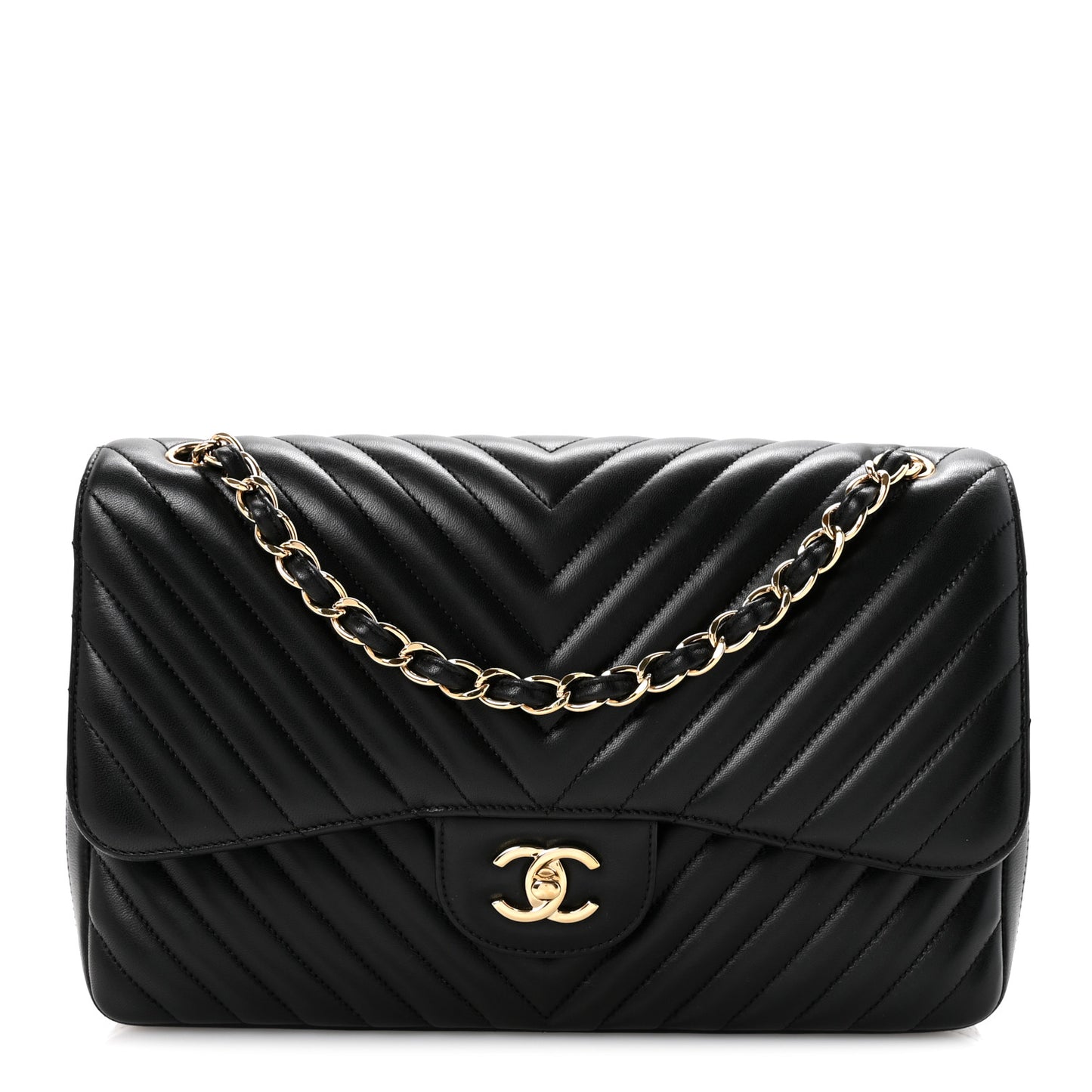 Lambskin Chevron Quilted Jumbo Double Flap Black