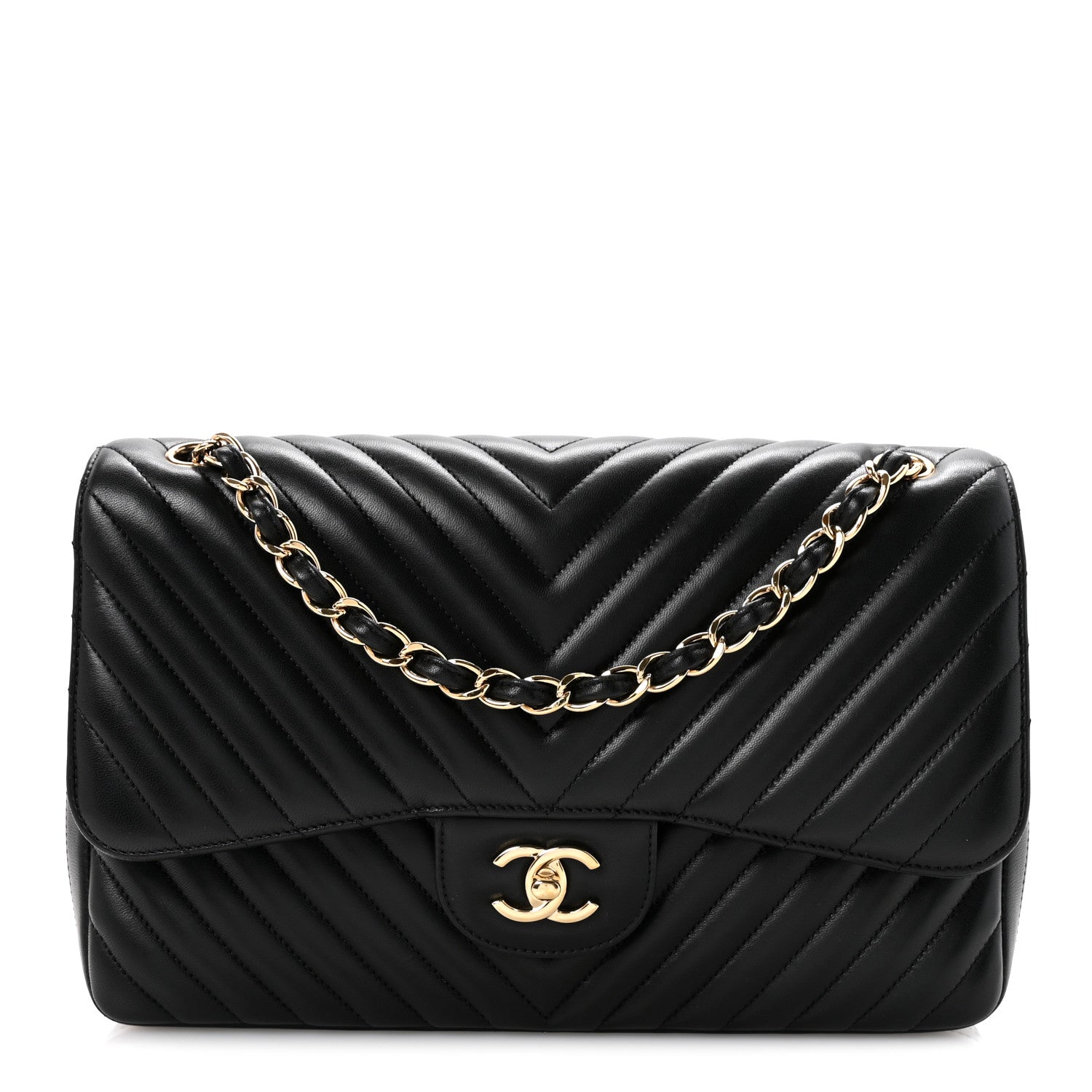 Chanel Lambskin Chevron Quilted Jumbo Double Flap Black 1 of 11