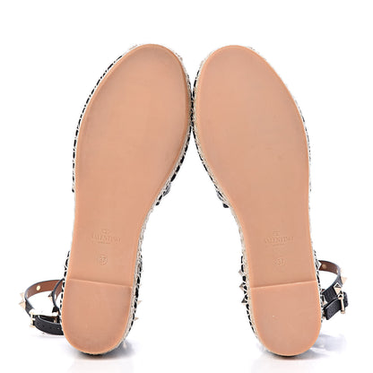 Valentino Garavani Grained Calfskin Rockstud Ankle Wrap Espadrille 20mm Flats 37 Black Light Cuir Natural 5 of 9