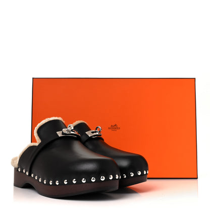 Hermes Calfskin Woolskin Carlotta Mules 37 Black 8 of 8