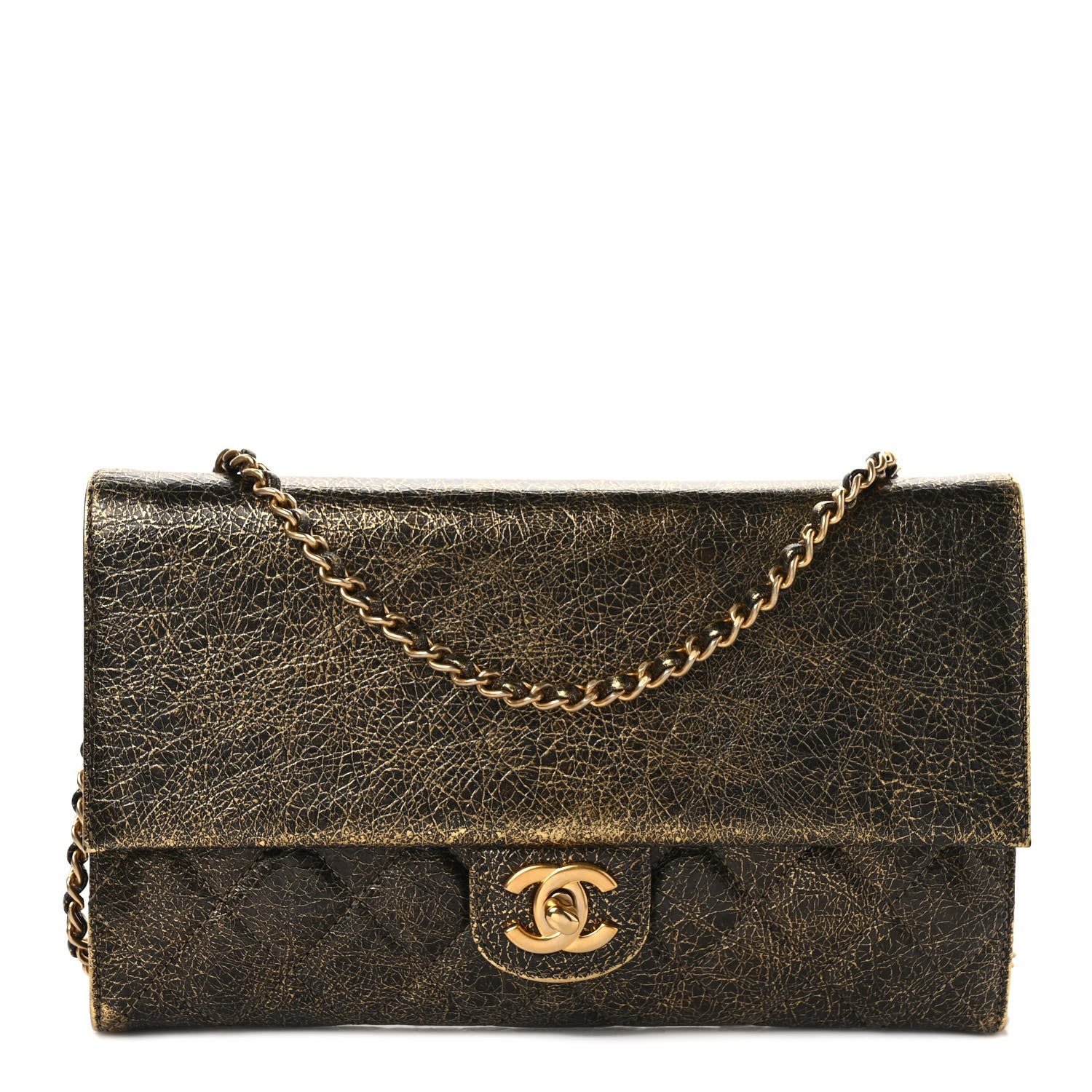 Chanel Cracked Metallic Calfskin Quilted Zip Away Chain Clutch Gold 1 of 10