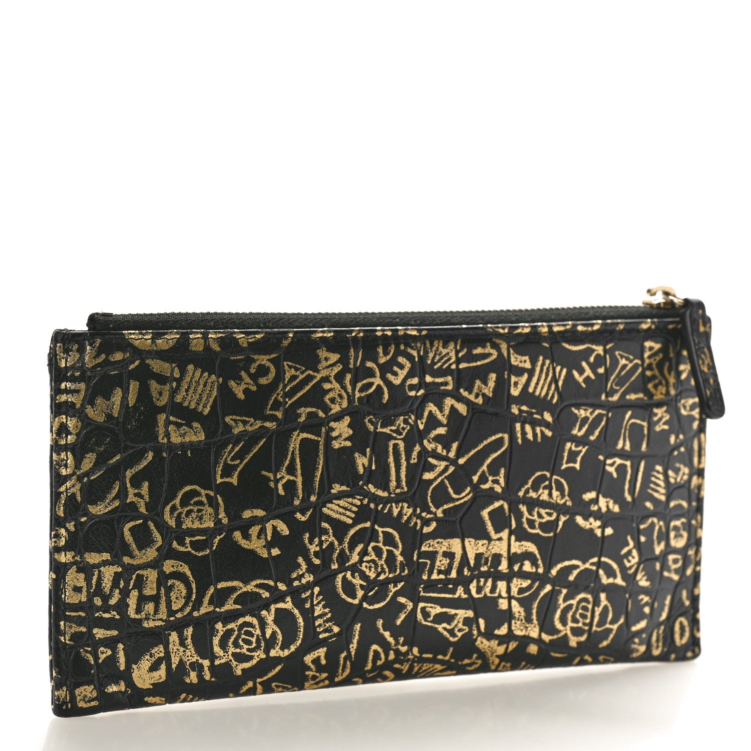 Chanel Calfskin Crocodile Embossed Graffiti 2.55 Cocodile Reissue Zip Pouch Black Gold 3 of 8